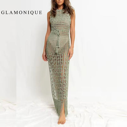 GLAMONIQUE Swimsuits Womens Crochet Swimsuit Coverup Summer Sleeveless Hollow Out Knit Crewneck Side Split Long Beach Dress
