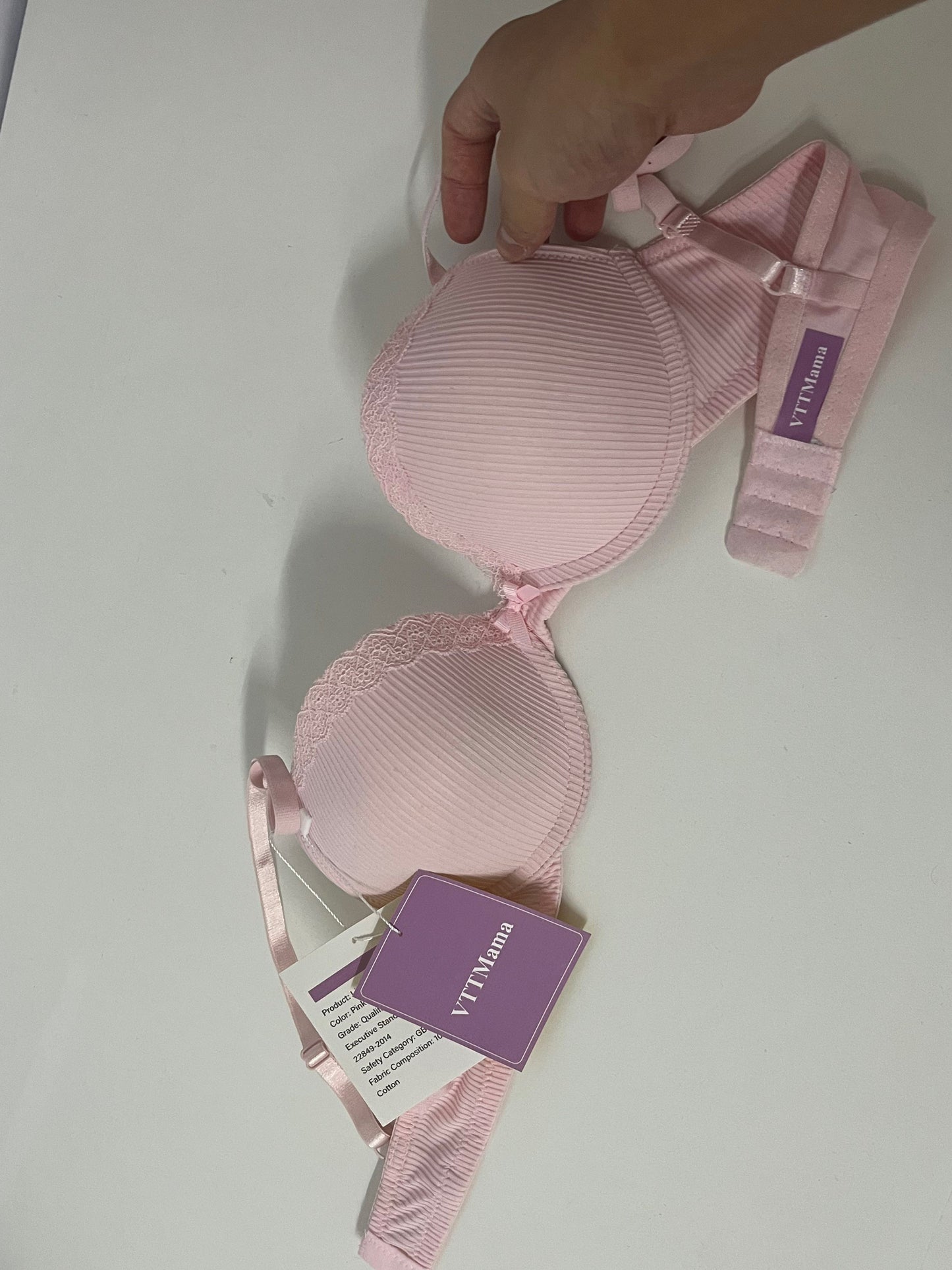 VTTMama Women's Underwear - Pink Ribbed Cotton Bra with Lace Trim, Comfortable & Supportive, Breathable Skin-Friendly Daily Lingerie