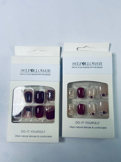 SELFOLLOWER False nails Red Press on Fake Nails Short Square False Nails with Glitter on Nails Glossy Acrylic Full Cover Checkerboard Stick on Nails for Women Manicure on Nails Full Cover Artificial Nails Short Stick on Nails for Women, 24Pcs