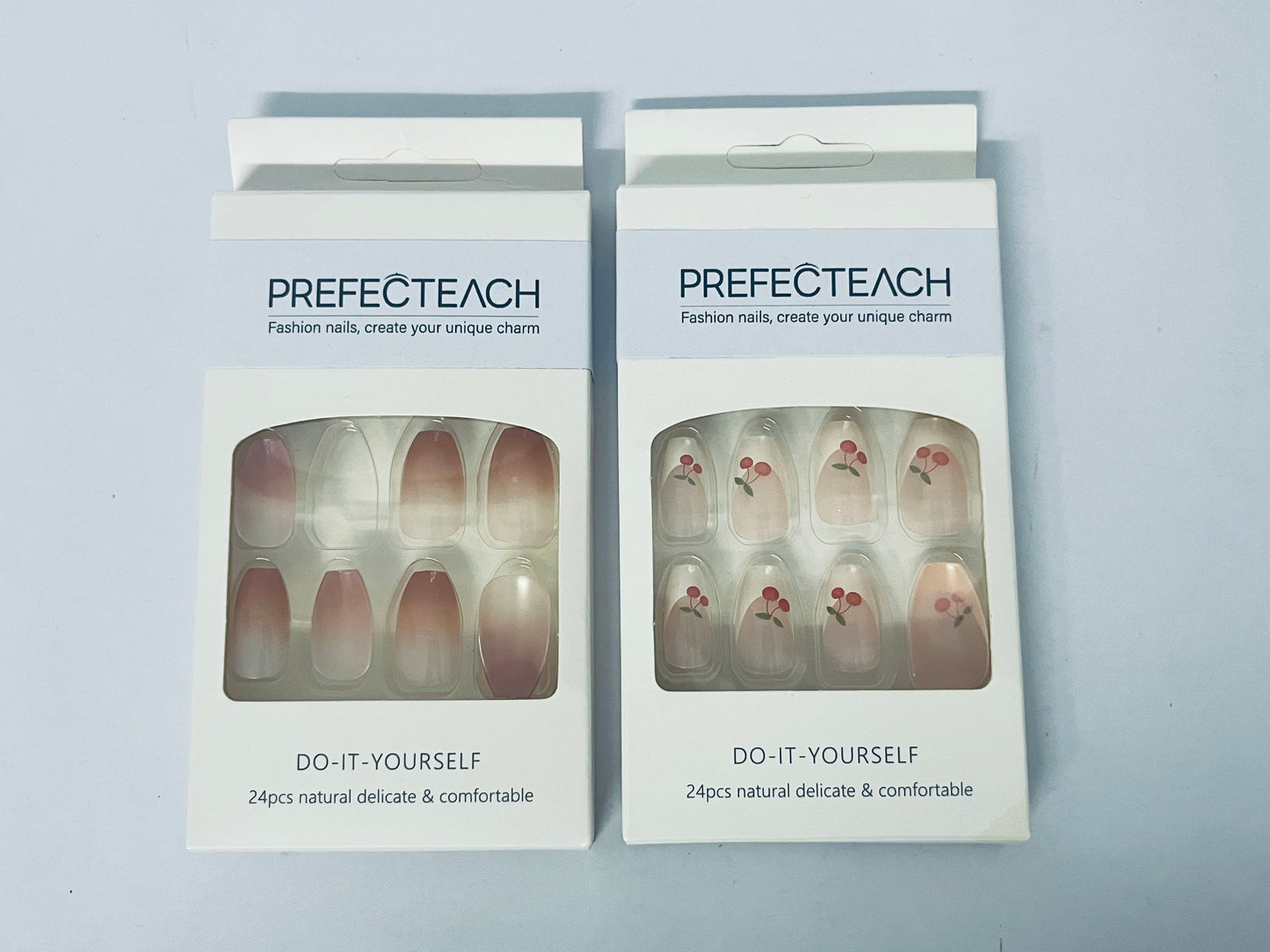 PREFECTEACH 24Pcs Cherry Press on Nails Short Almond Fake Nails Red French Tip Glossy Glue on Nails Cute Nude Full Cover Petite False Nails Red Summer Artificial Acrylic Nails Manicure for Women 24Pcs