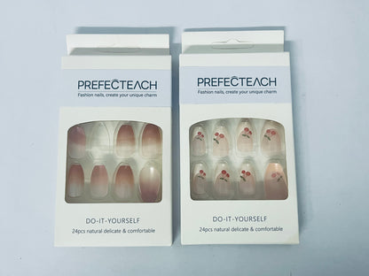 PREFECTEACH 24Pcs Cherry Press on Nails Short Almond Fake Nails Red French Tip Glossy Glue on Nails Cute Nude Full Cover Petite False Nails Red Summer Artificial Acrylic Nails Manicure for Women 24Pcs