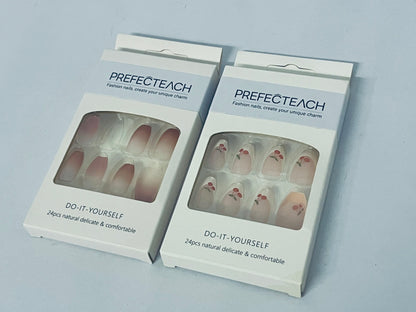 PREFECTEACH 24Pcs Cherry Press on Nails Short Almond Fake Nails Red French Tip Glossy Glue on Nails Cute Nude Full Cover Petite False Nails Red Summer Artificial Acrylic Nails Manicure for Women 24Pcs