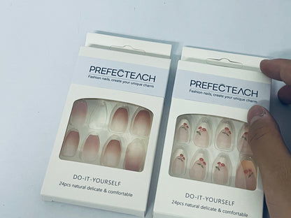 PREFECTEACH 24Pcs Cherry Press on Nails Short Almond Fake Nails Red French Tip Glossy Glue on Nails Cute Nude Full Cover Petite False Nails Red Summer Artificial Acrylic Nails Manicure for Women 24Pcs