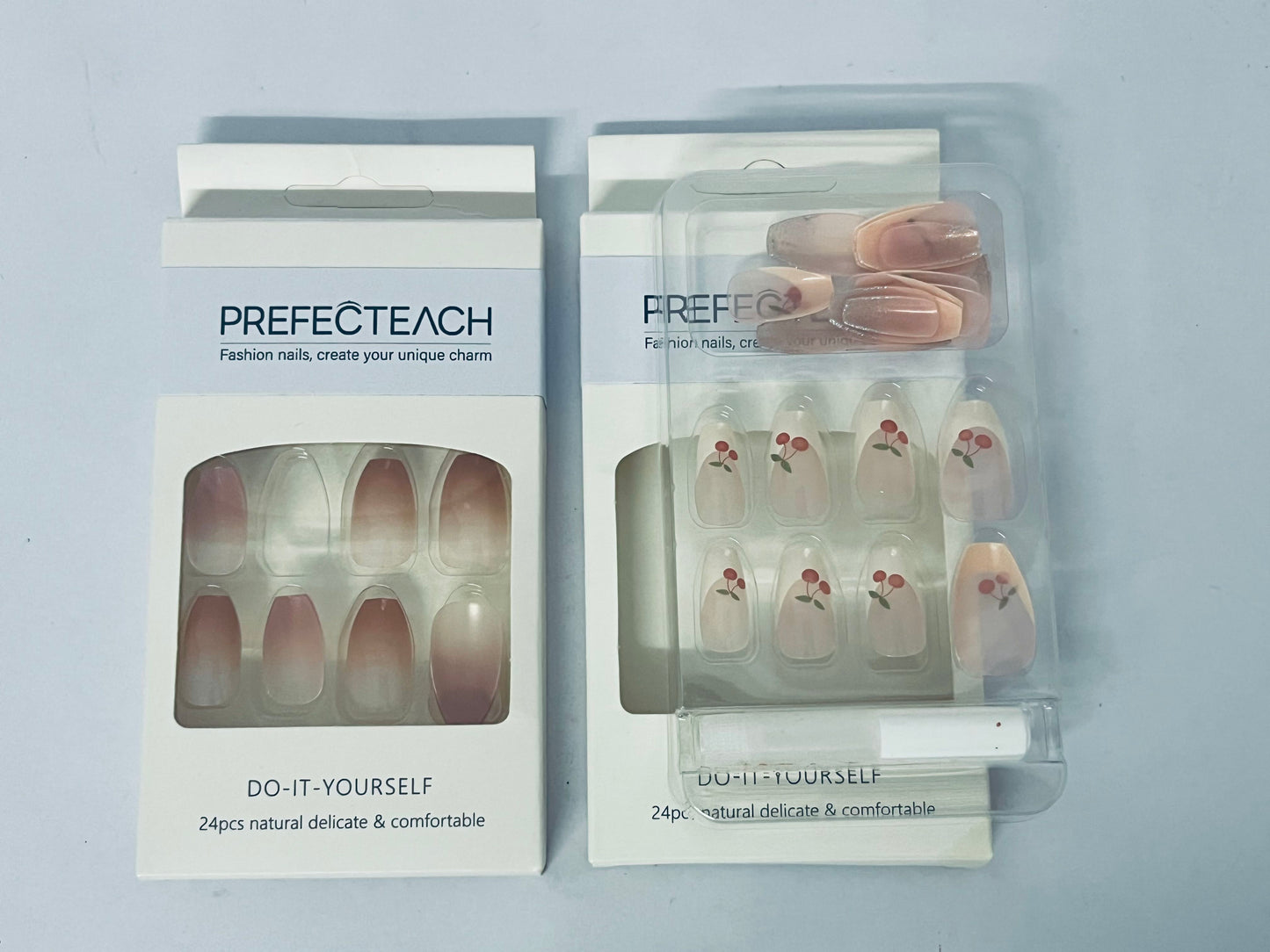 PREFECTEACH 24Pcs Cherry Press on Nails Short Almond Fake Nails Red French Tip Glossy Glue on Nails Cute Nude Full Cover Petite False Nails Red Summer Artificial Acrylic Nails Manicure for Women 24Pcs