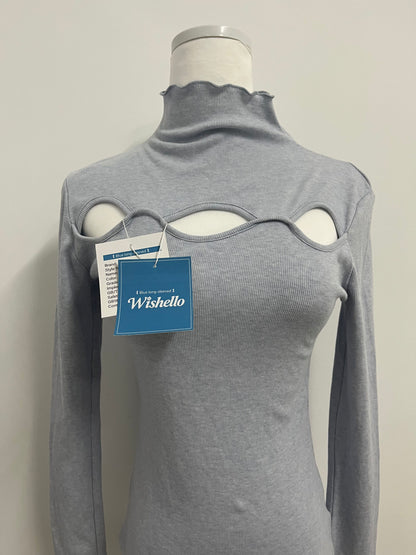 Wishello Women's Cutout Tops Basic Long Sleeve Round Neck Slim Fit Sweaters
