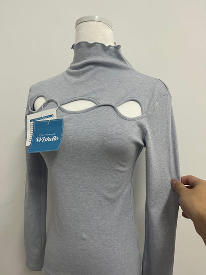 Wishello Women's Cutout Tops Basic Long Sleeve Round Neck Slim Fit Sweaters