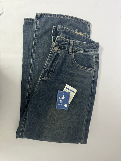 HUINA Pants Vintage Denim Jeans with Pockets Baggy Jeans for Women Vintage Wide Leg Straight Denim Pants Womens Casual Trousers