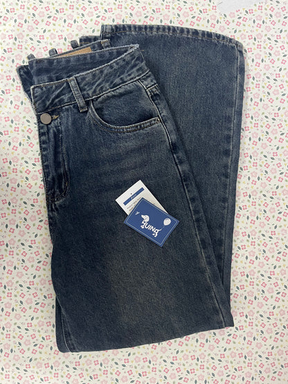 HUINA Pants Vintage Denim Jeans with Pockets Baggy Jeans for Women Vintage Wide Leg Straight Denim Pants Womens Casual Trousers