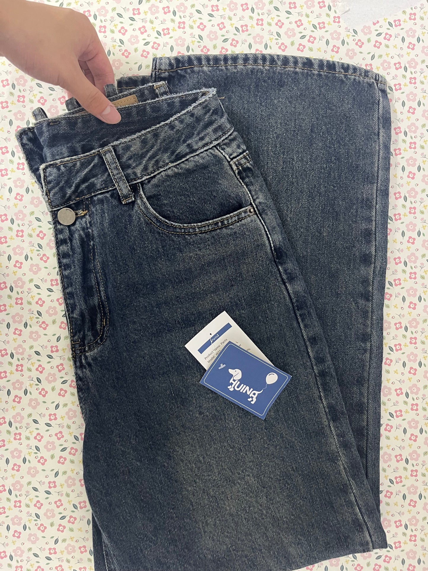 HUINA Pants Vintage Denim Jeans with Pockets Baggy Jeans for Women Vintage Wide Leg Straight Denim Pants Womens Casual Trousers