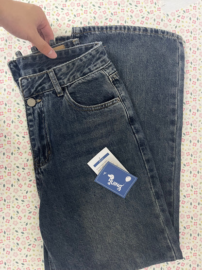 HUINA Pants Vintage Denim Jeans with Pockets Baggy Jeans for Women Vintage Wide Leg Straight Denim Pants Womens Casual Trousers