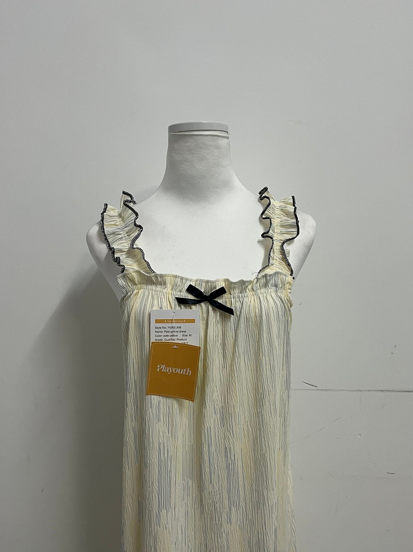 Playouth Pale Yellow Sleepwear - Ruffled Strap Nightgown with Striped Texture & Bow