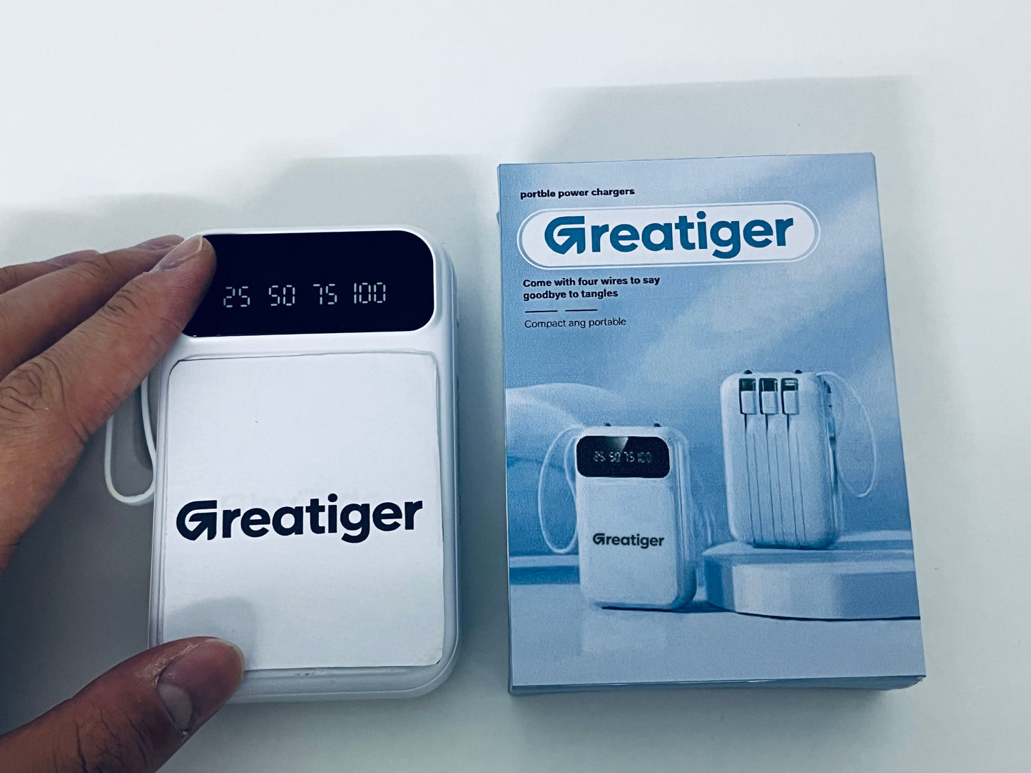 Greatiger Portable Power Bank with 4 Built-in Cables: Say Goodbye to Tangles, Portable Fast Charging, Visible Battery Level