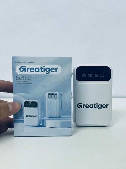 Greatiger Portable Power Bank with 4 Built-in Cables: Say Goodbye to Tangles, Portable Fast Charging, Visible Battery Level