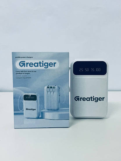 Greatiger Portable Power Bank with 4 Built-in Cables: Say Goodbye to Tangles, Portable Fast Charging, Visible Battery Level