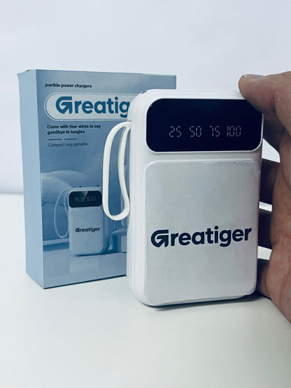 Greatiger Portable Power Bank with 4 Built-in Cables: Say Goodbye to Tangles, Portable Fast Charging, Visible Battery Level