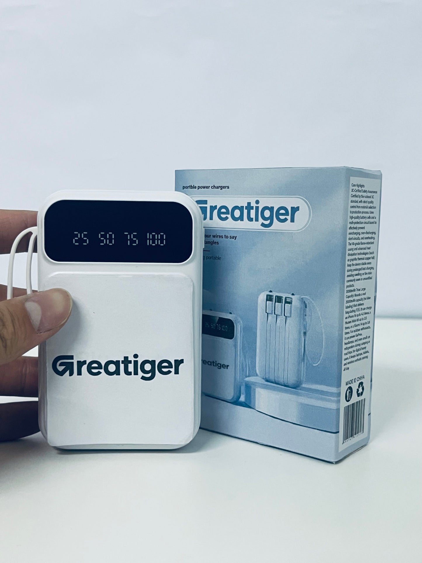 Greatiger Portable Power Bank with 4 Built-in Cables: Say Goodbye to Tangles, Portable Fast Charging, Visible Battery Level