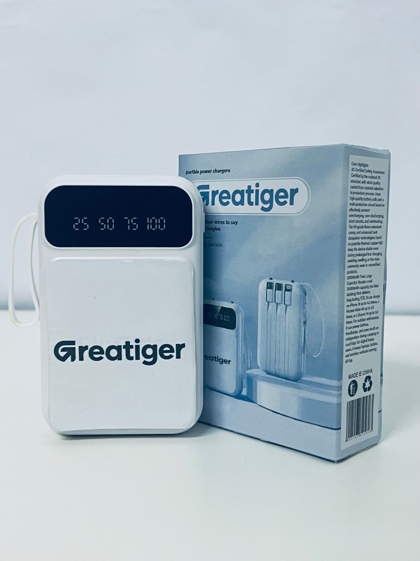 Greatiger Portable Power Bank with 4 Built-in Cables: Say Goodbye to Tangles, Portable Fast Charging, Visible Battery Level