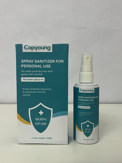 Copyoung 100ML No-Wash Spray Sanitizer - 99% Alcohol, 99.99% Germ Kill Rate, Quick-Dry Non-Sticky, Portable Personal Disinfectant Spray for Hands & Surfaces