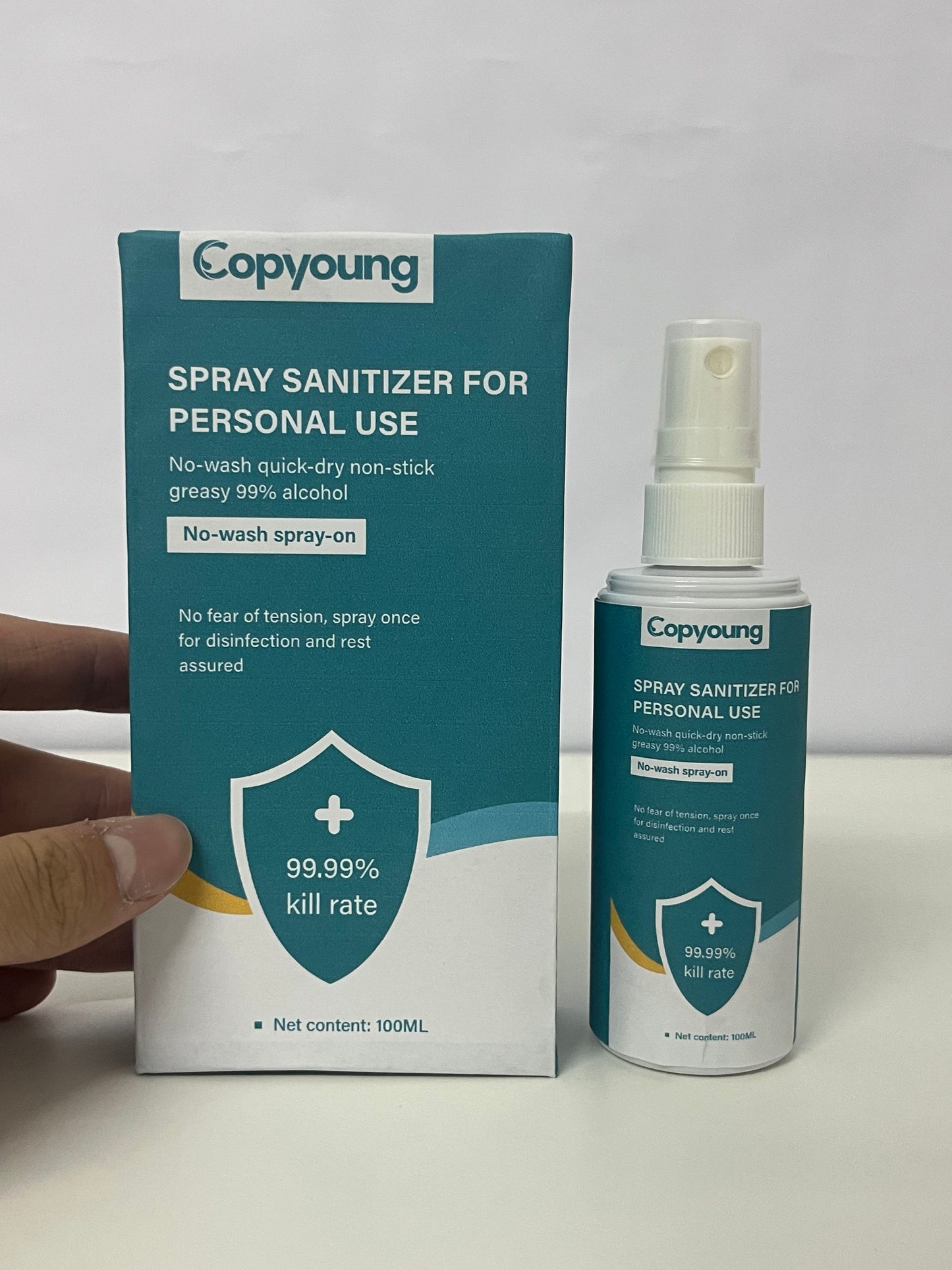 Copyoung 100ML No-Wash Spray Sanitizer - 99% Alcohol, 99.99% Germ Kill Rate, Quick-Dry Non-Sticky, Portable Personal Disinfectant Spray for Hands & Surfaces
