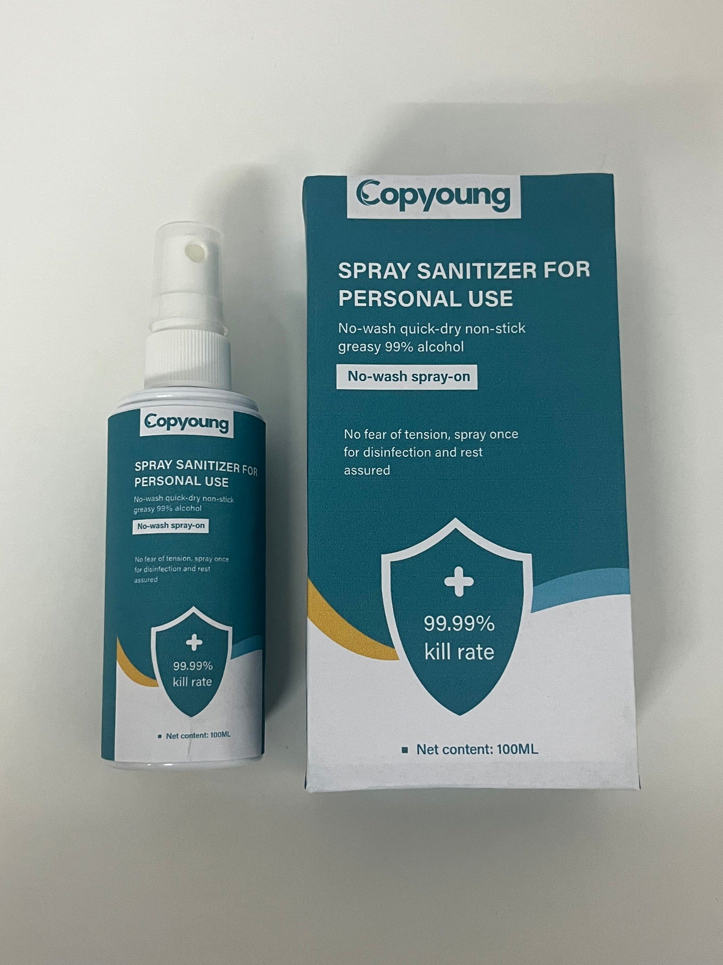 Copyoung 100ML No-Wash Spray Sanitizer - 99% Alcohol, 99.99% Germ Kill Rate, Quick-Dry Non-Sticky, Portable Personal Disinfectant Spray for Hands & Surfaces