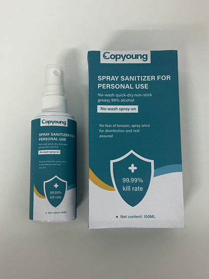Copyoung 100ML No-Wash Spray Sanitizer - 99% Alcohol, 99.99% Germ Kill Rate, Quick-Dry Non-Sticky, Portable Personal Disinfectant Spray for Hands & Surfaces