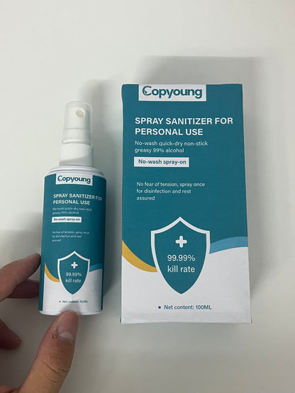 Copyoung 100ML No-Wash Spray Sanitizer - 99% Alcohol, 99.99% Germ Kill Rate, Quick-Dry Non-Sticky, Portable Personal Disinfectant Spray for Hands & Surfaces