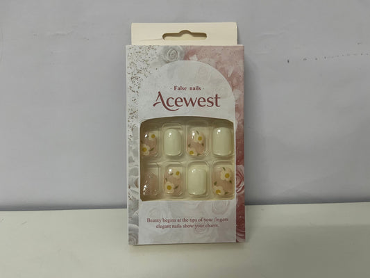 Acewest False Nails: Off-White Floral & Glitter Decorative Artificial Nails – Delicate Finger Beauty Accessories