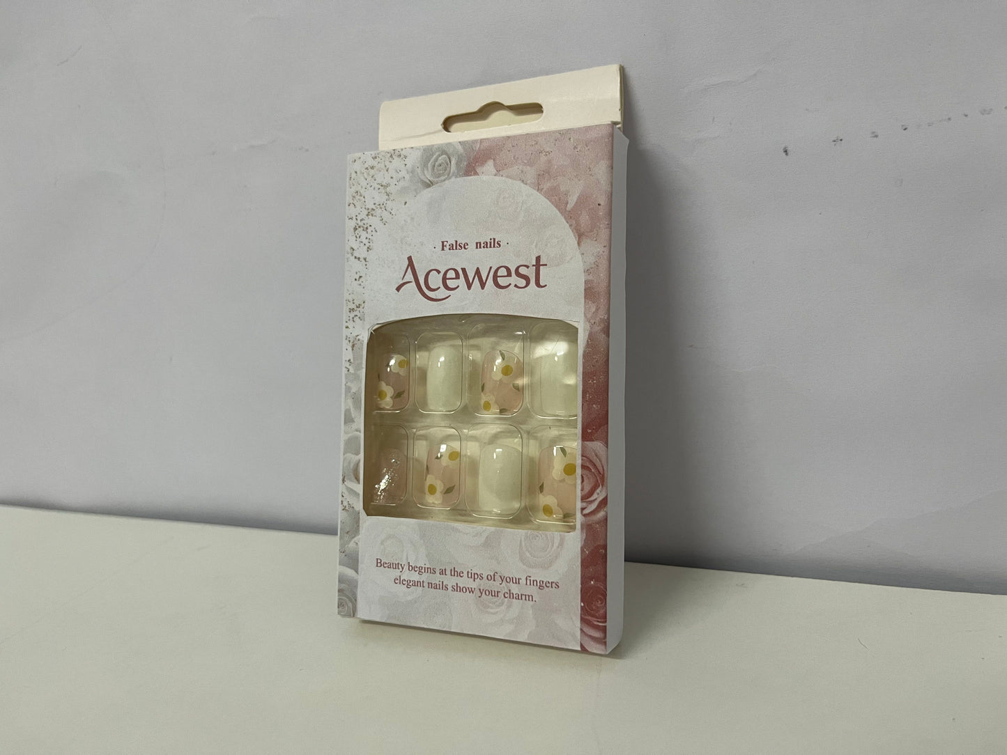 Acewest False Nails: Off-White Floral & Glitter Decorative Artificial Nails – Delicate Finger Beauty Accessories