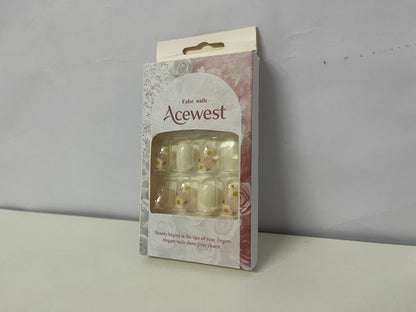 Acewest False Nails: Off-White Floral & Glitter Decorative Artificial Nails – Delicate Finger Beauty Accessories