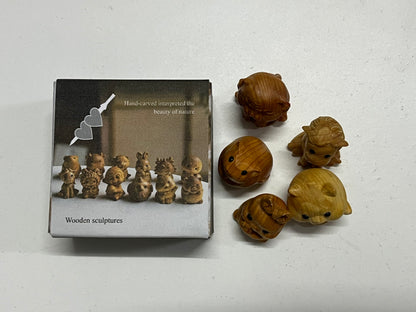 Hand-Carved Natural Boxwood Cute Animal Mini Wooden Sculpture Set