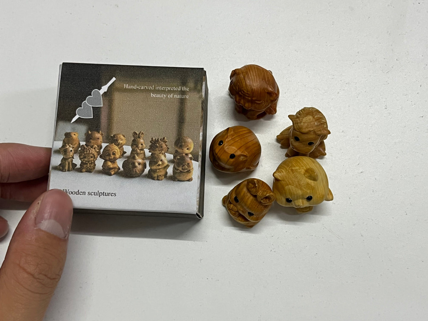 Hand-Carved Natural Boxwood Cute Animal Mini Wooden Sculpture Set