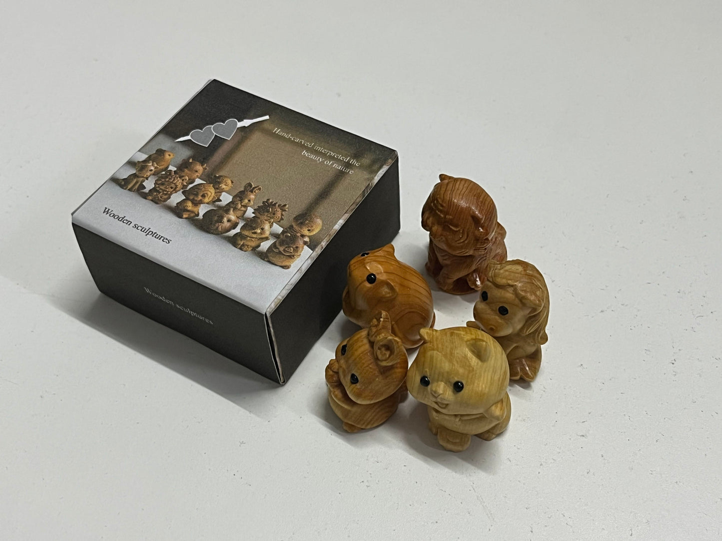 Hand-Carved Natural Boxwood Cute Animal Mini Wooden Sculpture Set