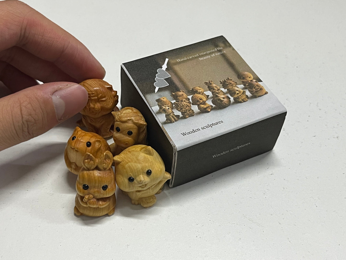 Hand-Carved Natural Boxwood Cute Animal Mini Wooden Sculpture Set