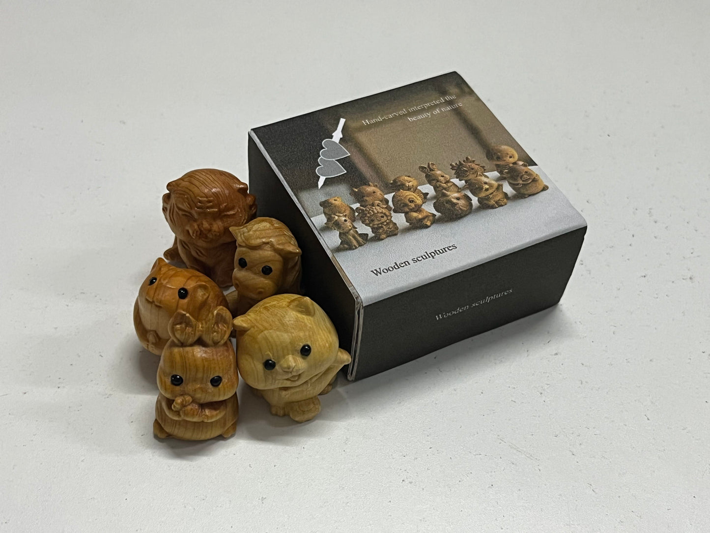 Hand-Carved Natural Boxwood Cute Animal Mini Wooden Sculpture Set