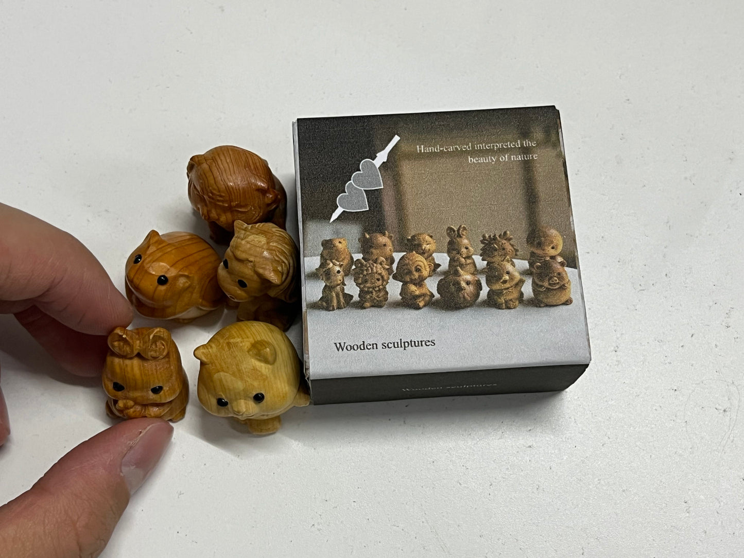 Hand-Carved Natural Boxwood Cute Animal Mini Wooden Sculpture Set
