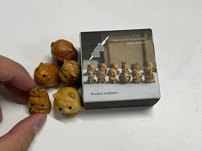 Hand-Carved Natural Boxwood Cute Animal Mini Wooden Sculpture Set