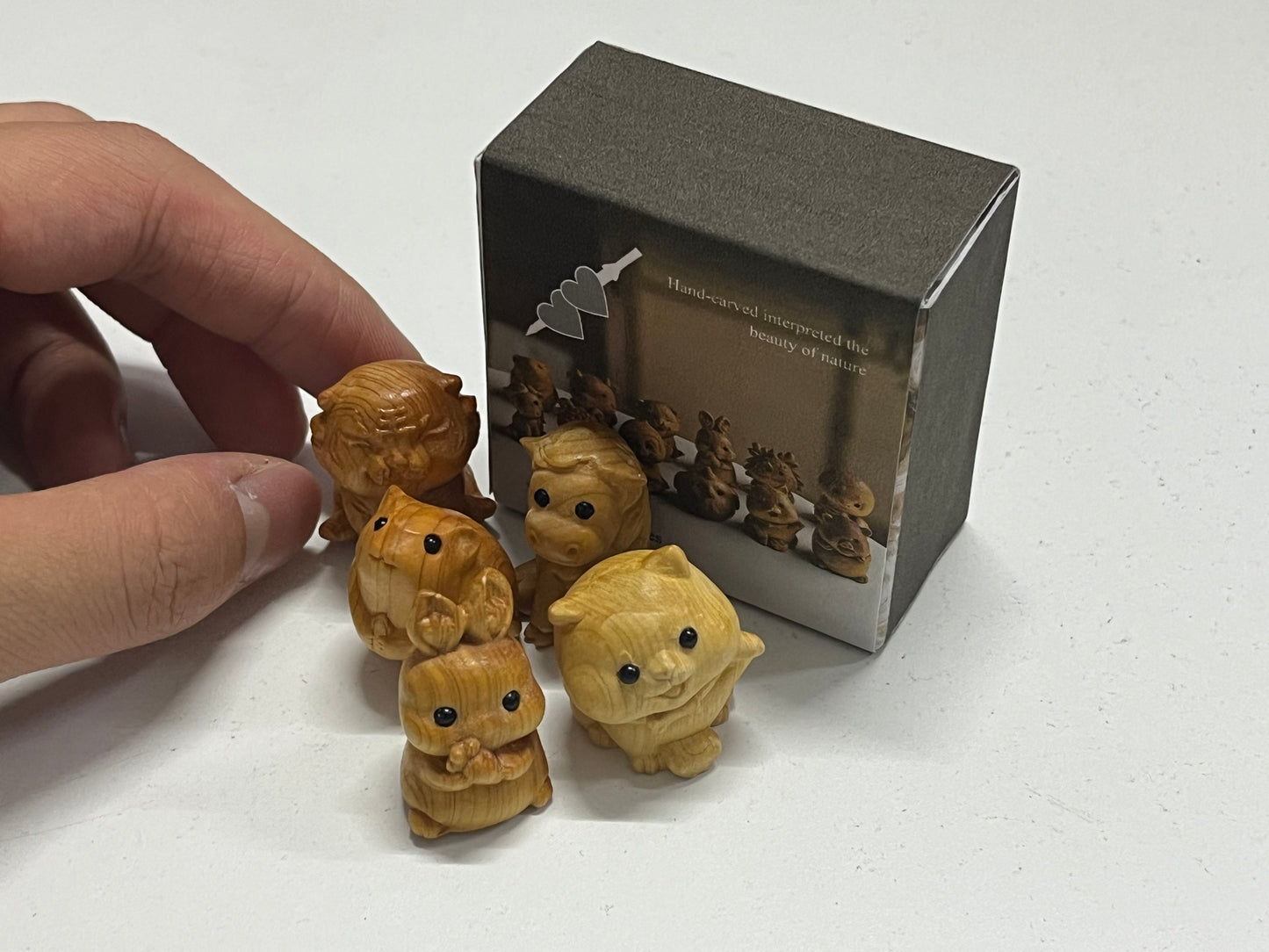 Hand-Carved Natural Boxwood Cute Animal Mini Wooden Sculpture Set
