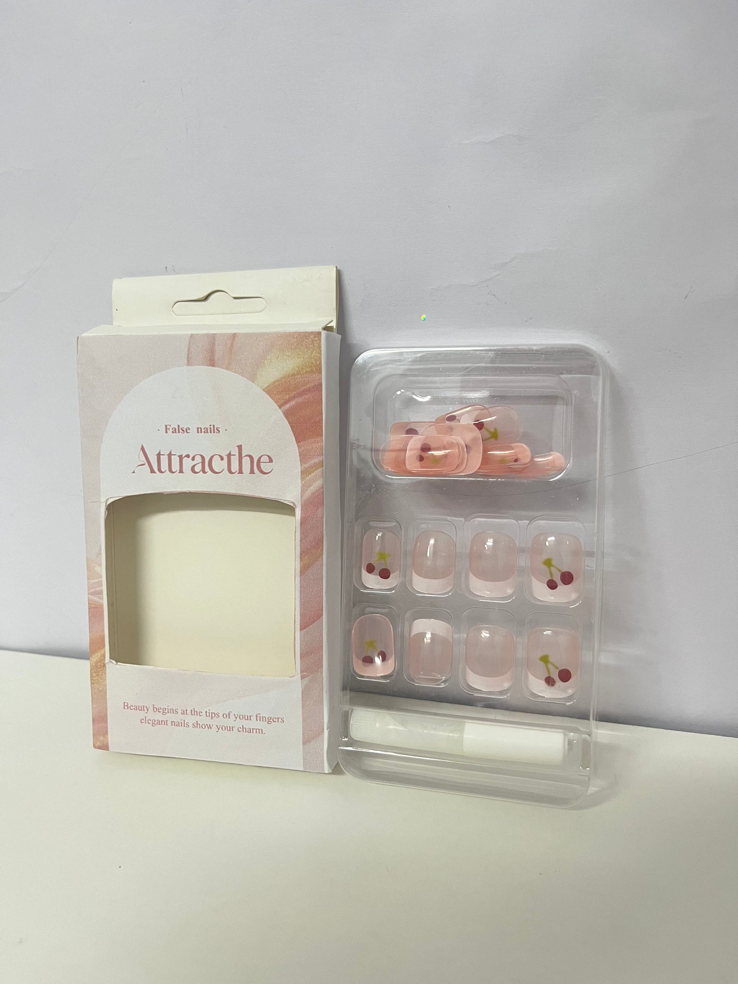 Attracthe Cherry Glitter False Nails Sweet Translucent Pink A Convenient & Exquisite Item for Finger Decoration