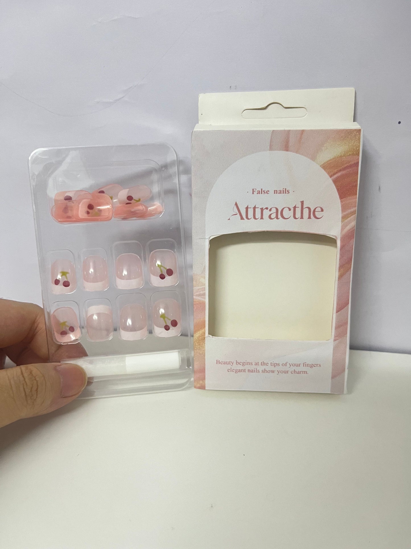 Attracthe Cherry Glitter False Nails Sweet Translucent Pink A Convenient & Exquisite Item for Finger Decoration