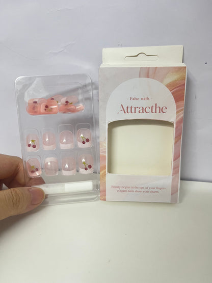 Attracthe Cherry Glitter False Nails Sweet Translucent Pink A Convenient & Exquisite Item for Finger Decoration