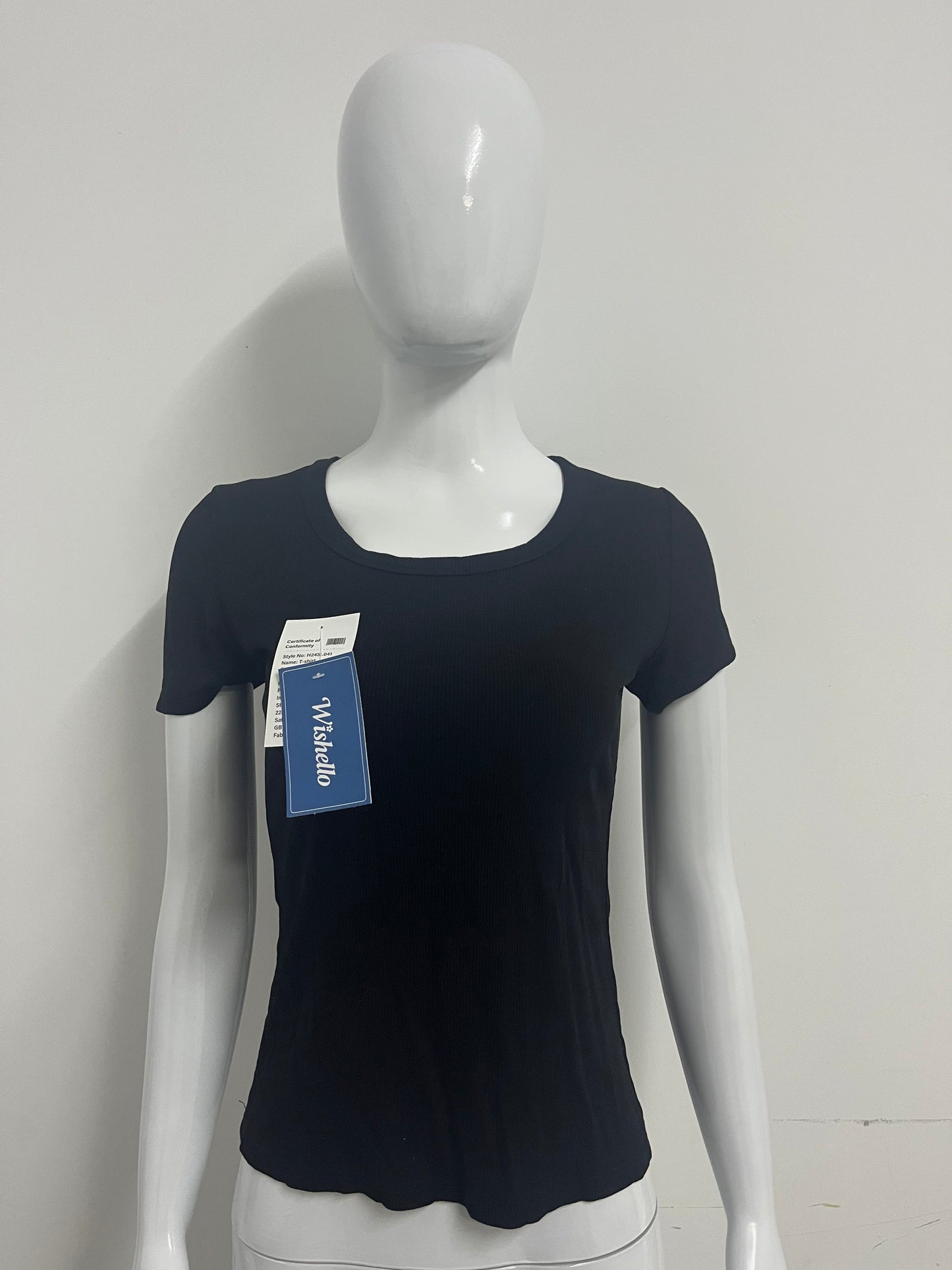 Wishello Women's Black Ribbed Short Sleeve T-Shirt, Square Neck Slim Fit Basic Top
