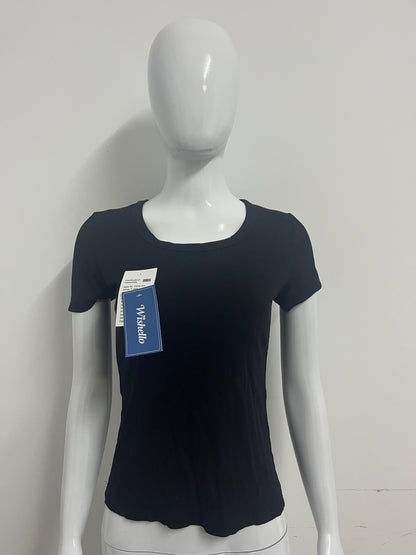 Wishello Women's Black Ribbed Short Sleeve T-Shirt, Square Neck Slim Fit Basic Top