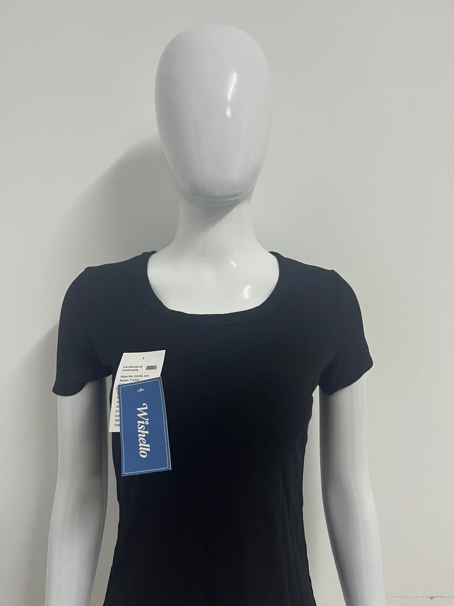 Wishello Women's Black Ribbed Short Sleeve T-Shirt, Square Neck Slim Fit Basic Top