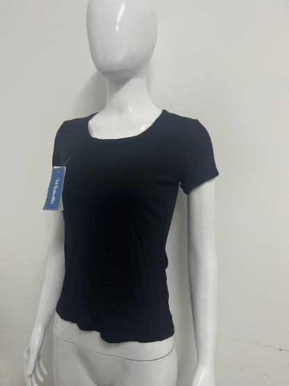 Wishello Women's Black Ribbed Short Sleeve T-Shirt, Square Neck Slim Fit Basic Top