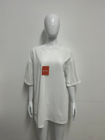 [ModCitizen Tee-shirts]-Asymmetrical Hem White Tee-Shirt - Loose Casual Short Sleeve