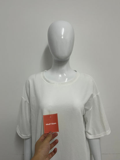 [ModCitizen Tee-shirts]-Asymmetrical Hem White Tee-Shirt - Loose Casual Short Sleeve