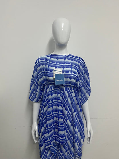 [Linemake Dresses]-Blue & White Geometric Chiffon Cover-Up Dress - Vacation-Style Flowy Sun-Protective Dress