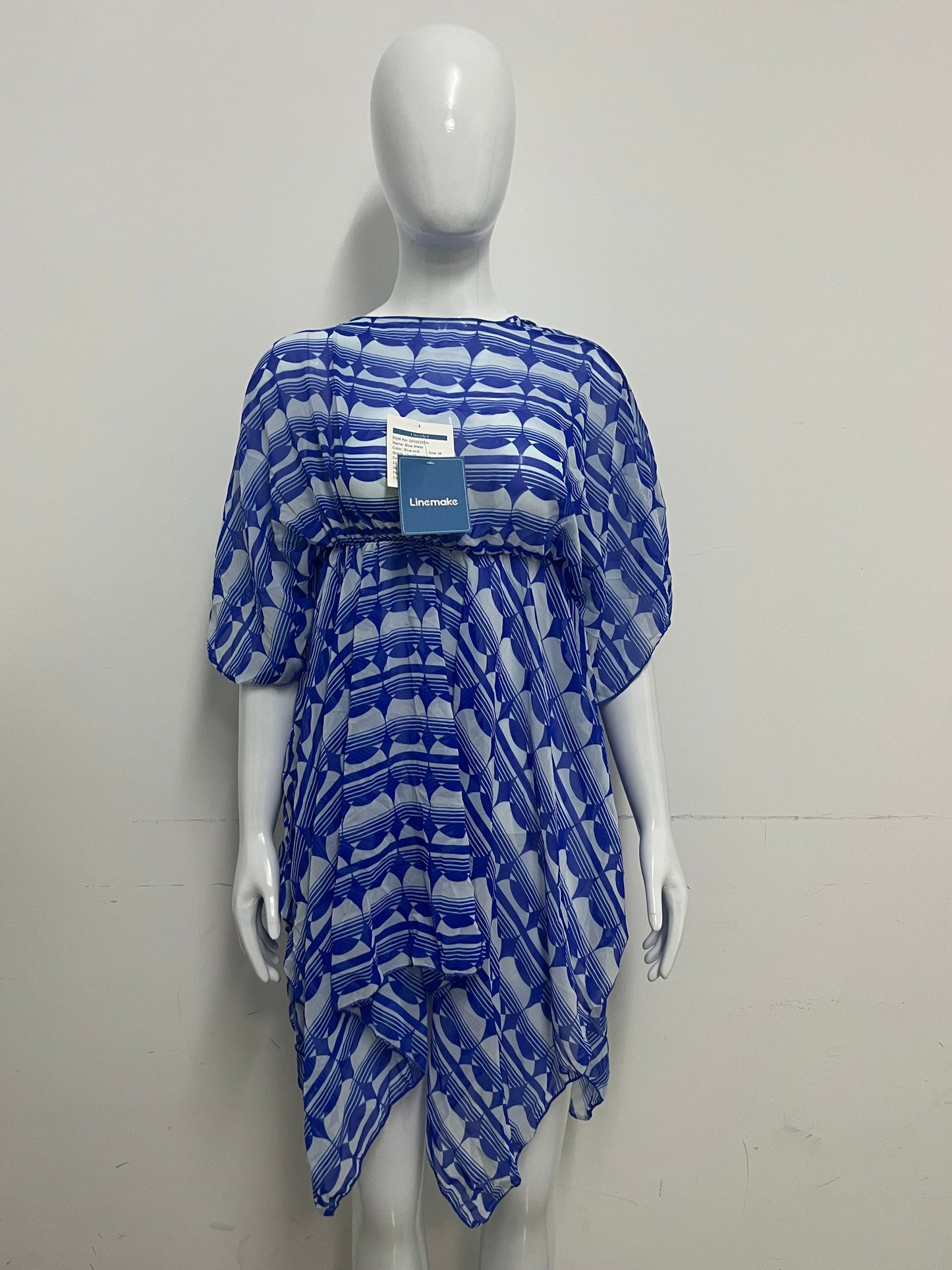 [Linemake Dresses]-Blue & White Geometric Chiffon Cover-Up Dress - Vacation-Style Flowy Sun-Protective Dress