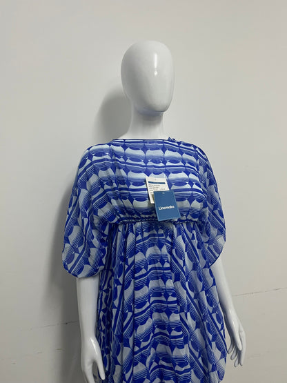 [Linemake Dresses]-Blue & White Geometric Chiffon Cover-Up Dress - Vacation-Style Flowy Sun-Protective Dress