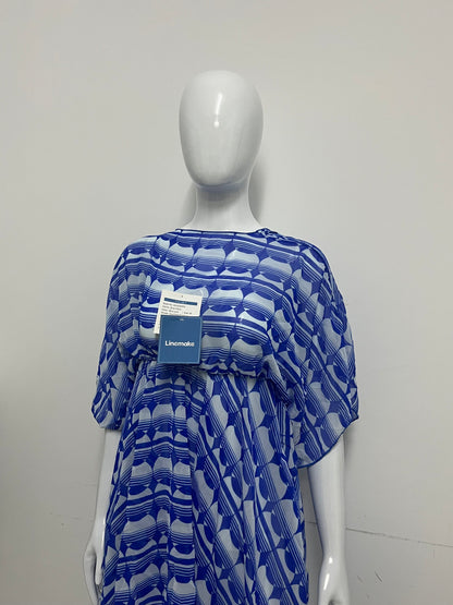 [Linemake Dresses]-Blue & White Geometric Chiffon Cover-Up Dress - Vacation-Style Flowy Sun-Protective Dress